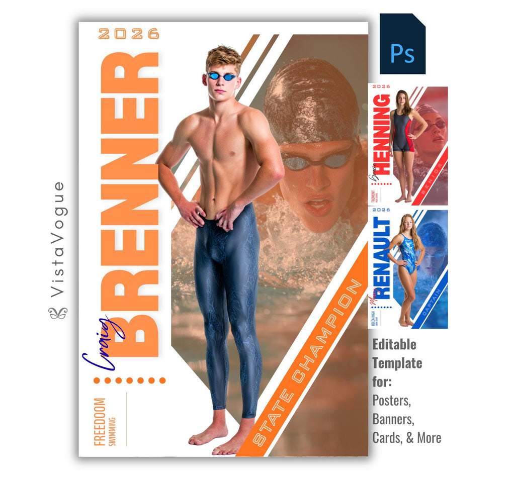 Swimming trading card and poster template editable in Photoshop with dual athlete photo layout and bold angled banner overlay across the design