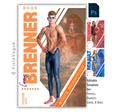 Swimming trading card and poster template editable in Photoshop with dual athlete photo layout and bold angled banner overlay across the design
