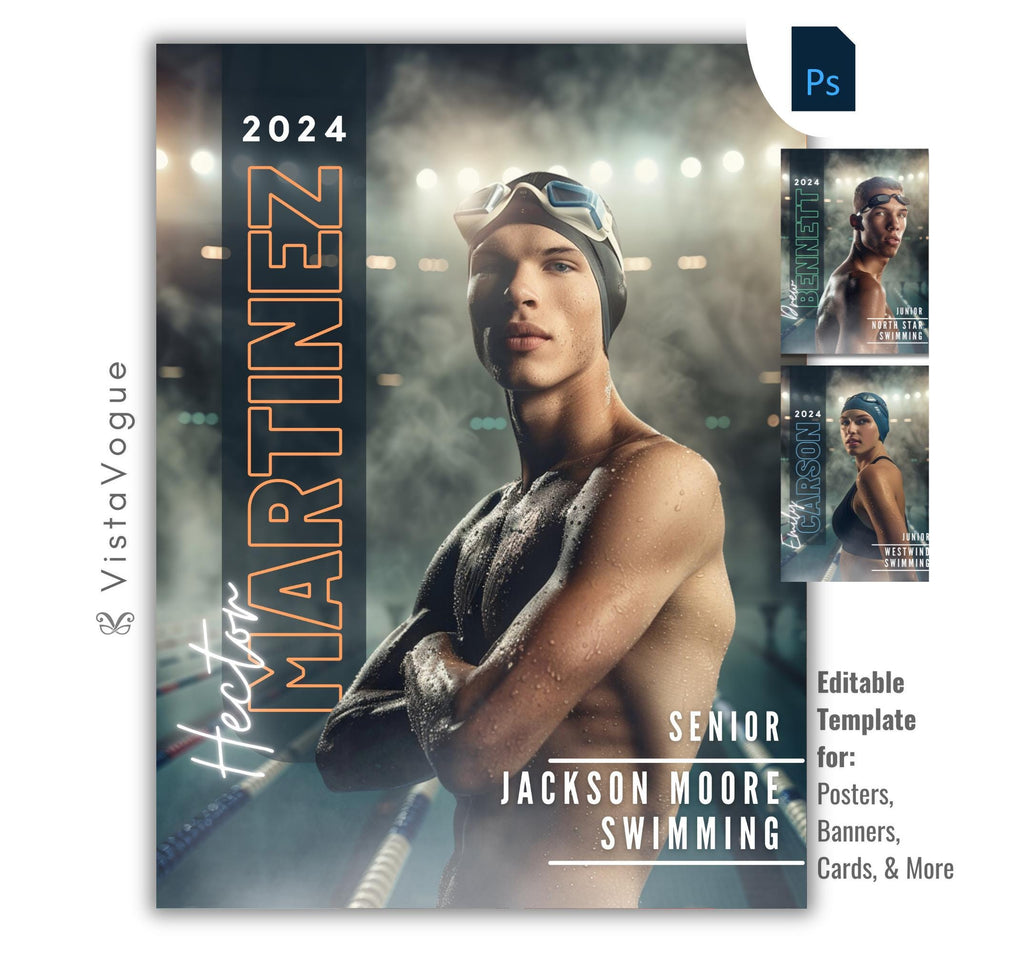 Swimming senior night poster and player banner template editable in Photoshop with vertical surname typography and glowing arena lights backdrop behind the close-up athlete portrait