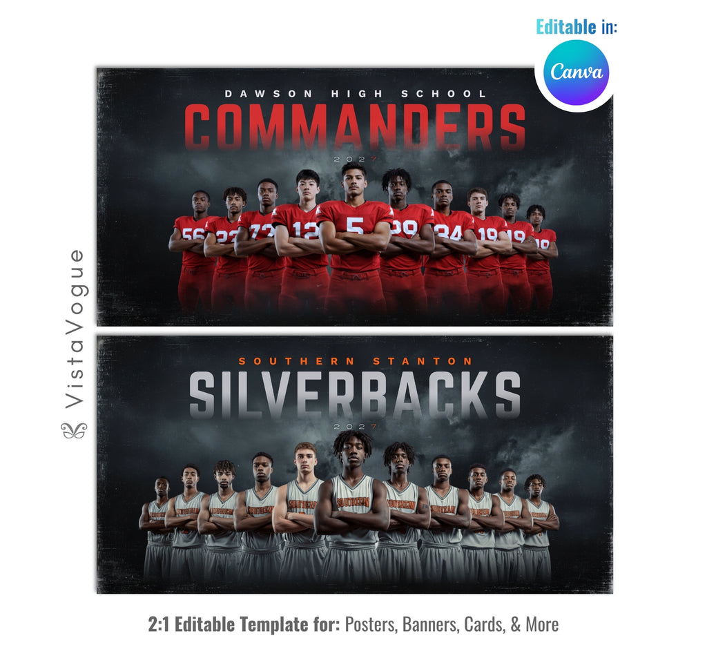 All sports team banner template editable in Canva with dark smoky backdrop, dramatic team lineup composition, and senior night team poster layout