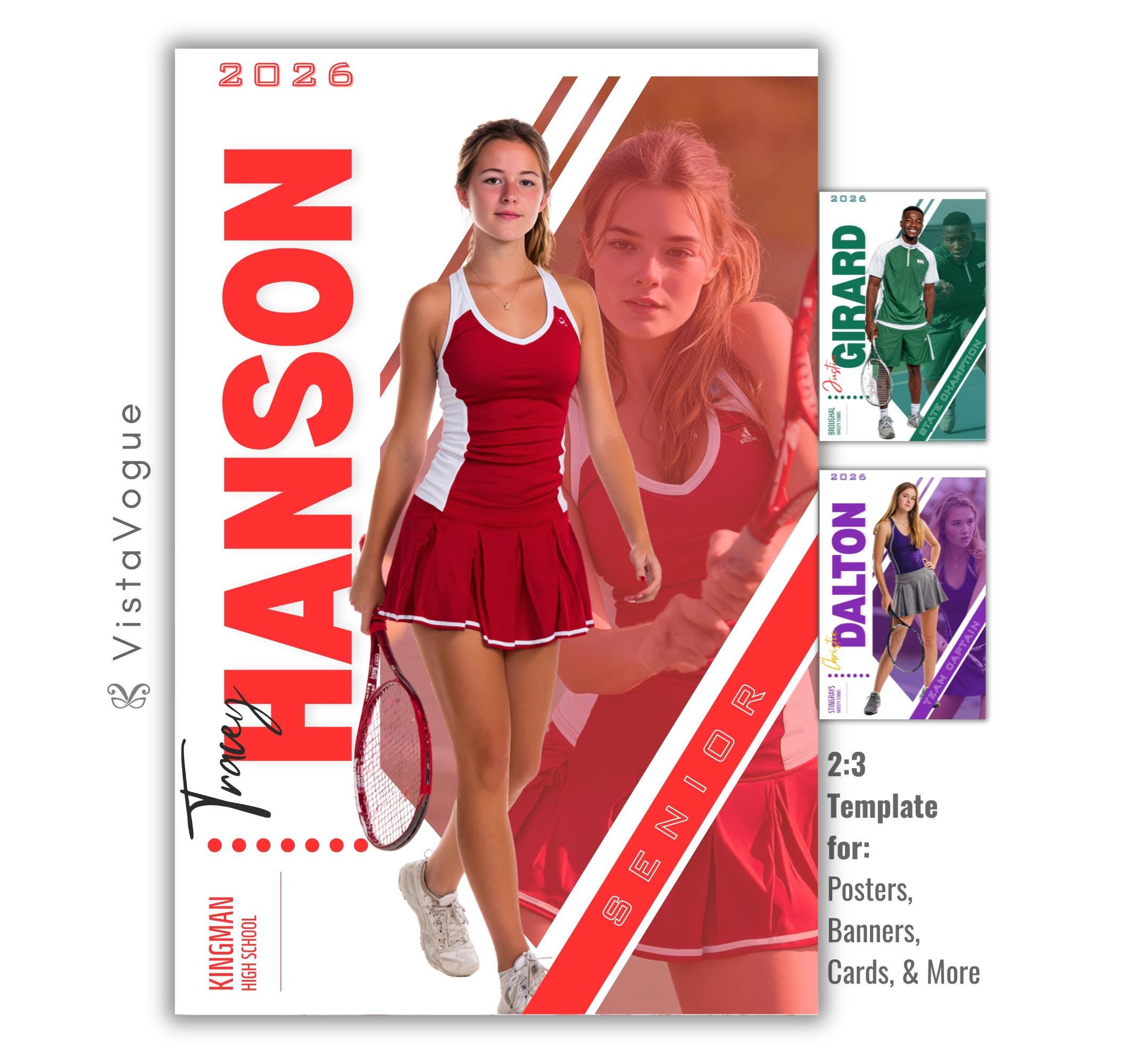 Tennis senior night poster and player banner template editable in Canva with dual photo layout and diagonal white slash divider alongside vertical surname typography
