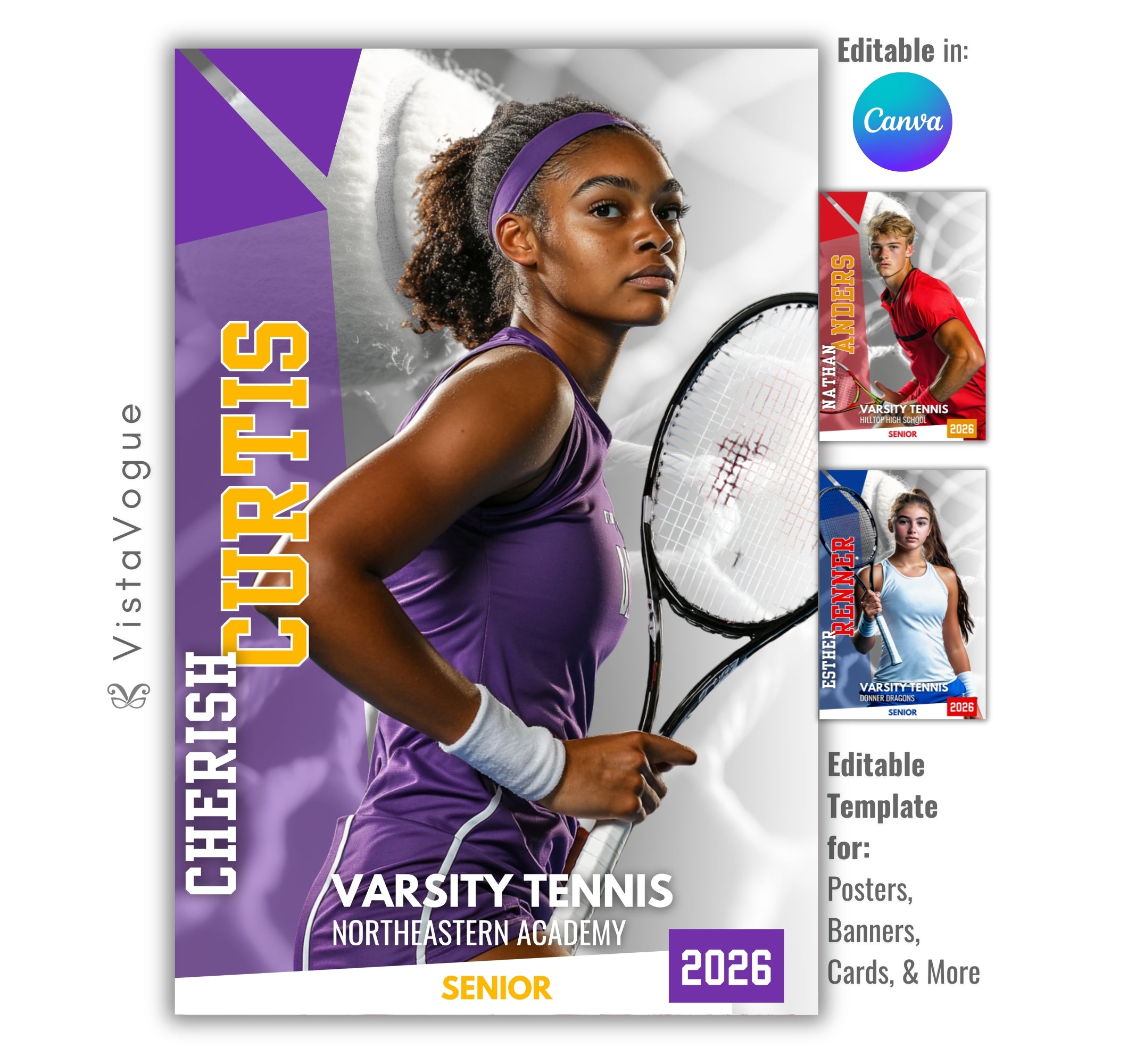 Tennis senior night poster and player banner template editable in Canva with vertical surname typography and diagonal geometric white and ball and net backdrop behind the close-up athlete portrait