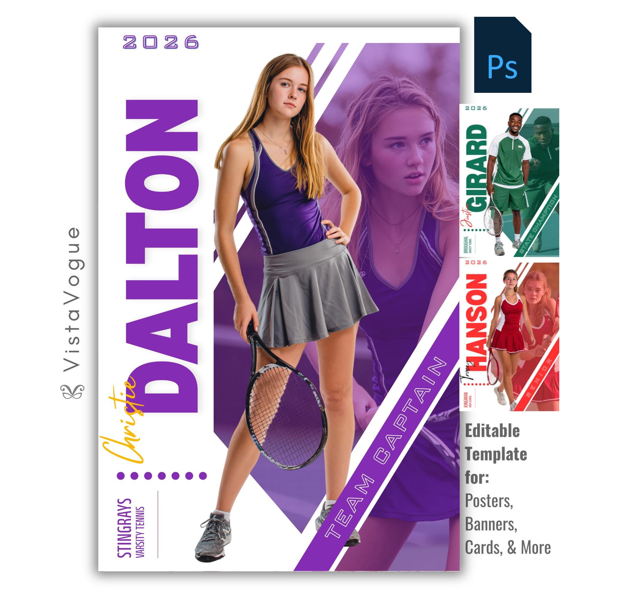 Tennis senior night poster and player banner template editable in Photoshop with dual photo layout and diagonal purple geometric panel overlay behind the full-body athlete