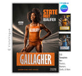 Track senior night poster and locker poster template editable in Canva with dramatic diagonal speed lines radiating behind the athlete and bold state meet qualifier typography overlay