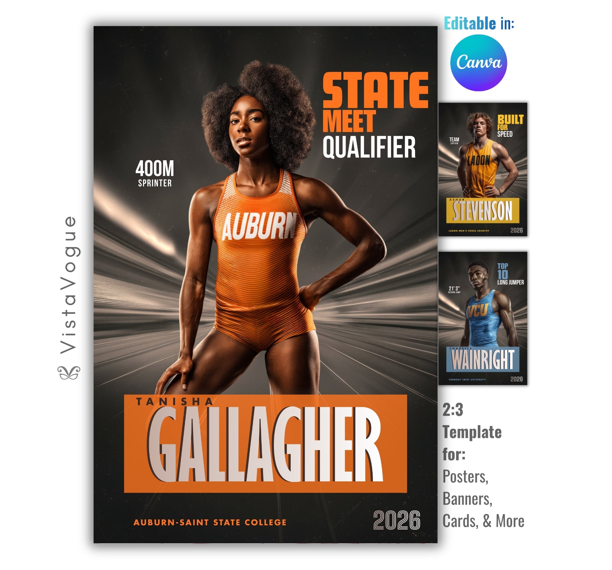 Track senior night poster and locker poster template editable in Canva with dramatic diagonal speed lines radiating behind the athlete and bold state meet qualifier typography overlay