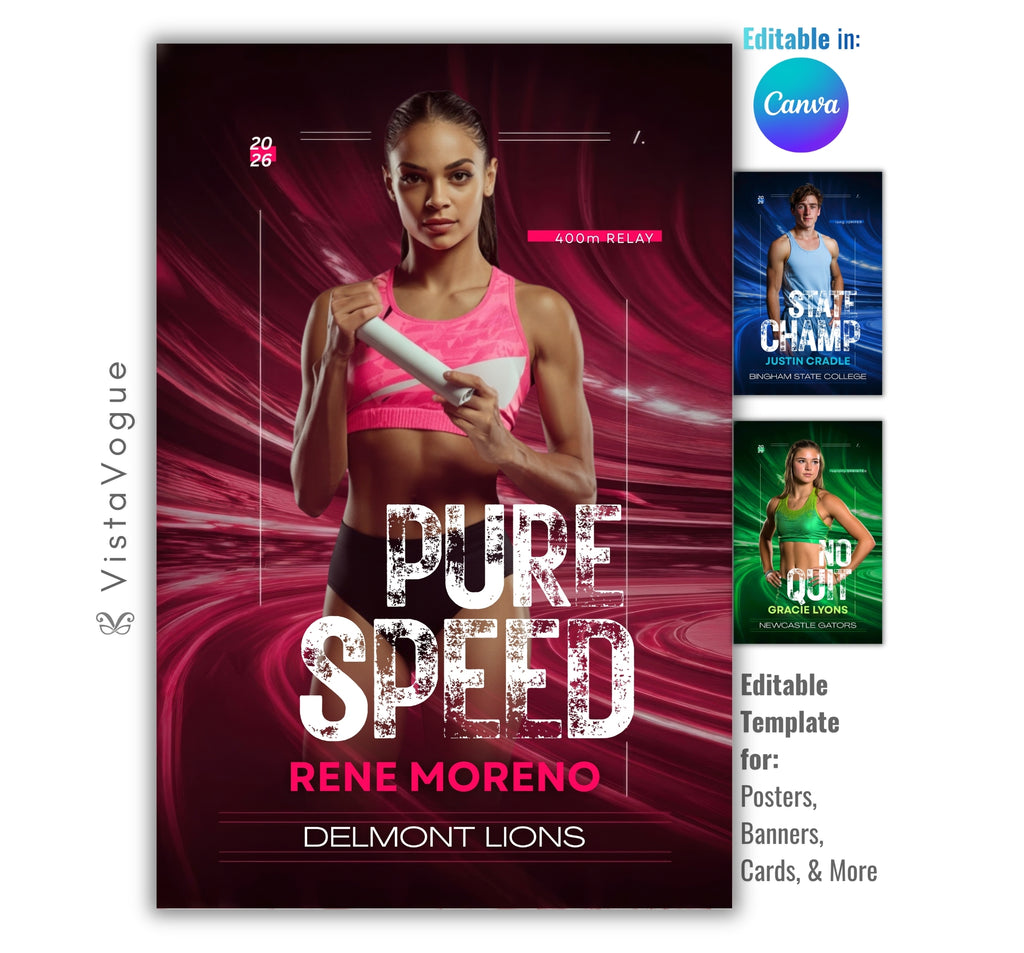 Track senior night poster and spirit poster template editable in Canva with bold flowing abstract wave backdrop and grunge motivational quote typography overlay behind the full-body athlete