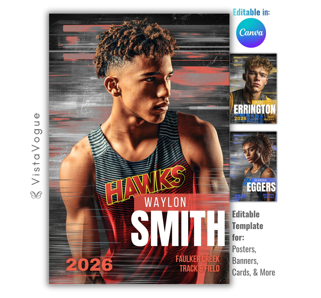 Track senior night poster and player banner template editable in Canva with horizontal speed line streaks and grunge dark backdrop behind the close-up athlete portrait