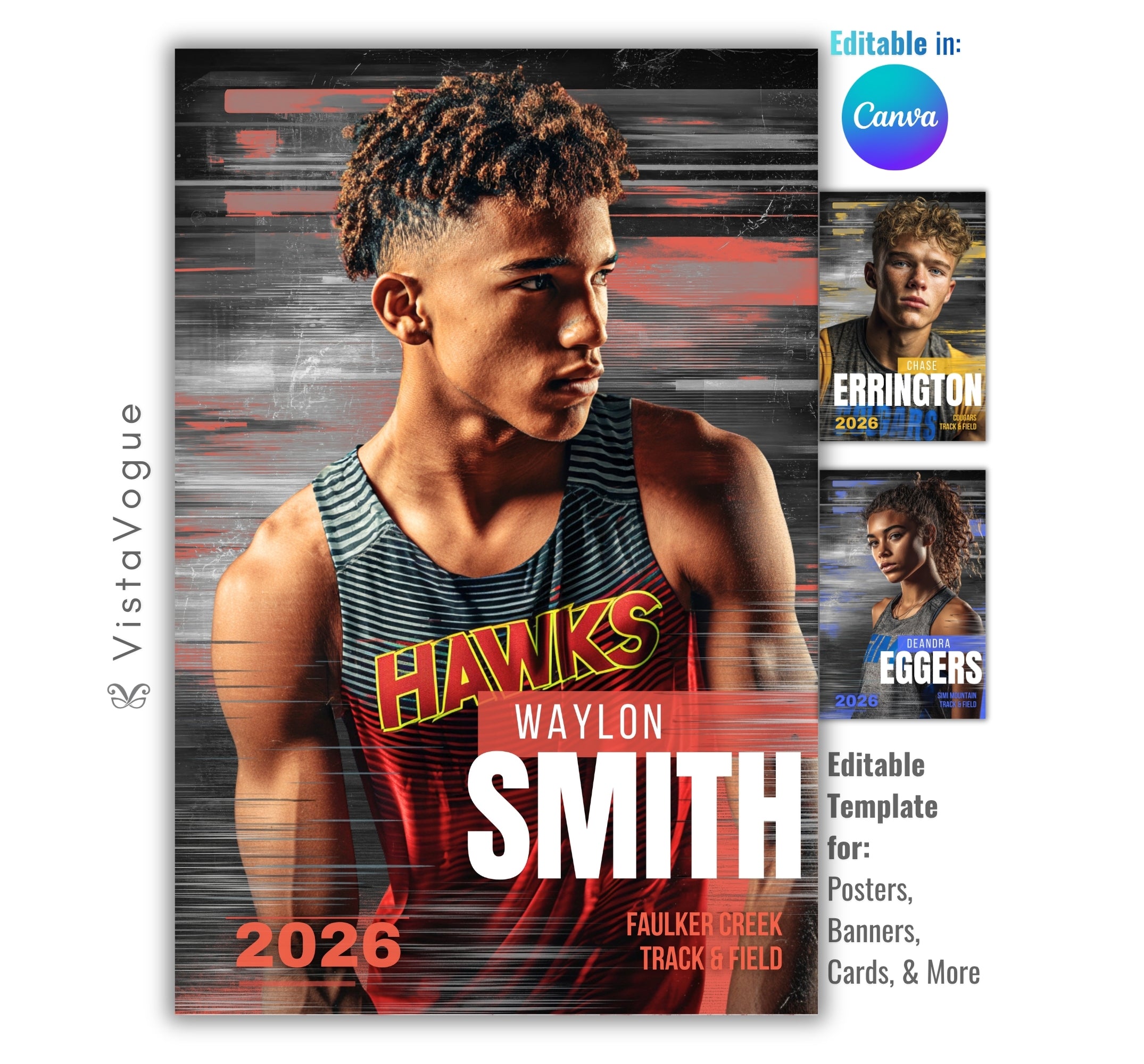 Track senior night poster and player banner template editable in Canva with horizontal speed line streaks and grunge dark backdrop behind the close-up athlete portrait