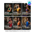 Track and field senior night poster and player banner template editable in Canva with realistic mascot animal backdrop layered behind the athlete and bold team name typography