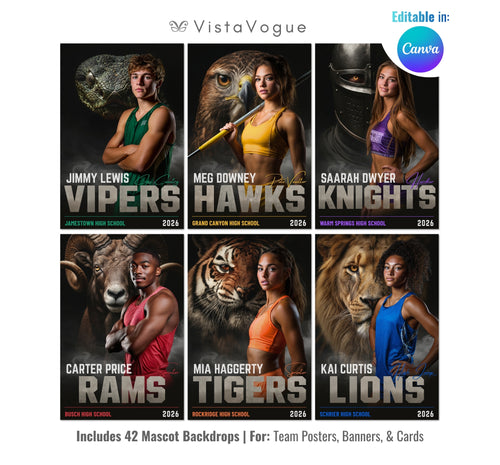 Track and field senior night poster and player banner template editable in Canva with realistic mascot animal backdrop layered behind the athlete and bold team name typography