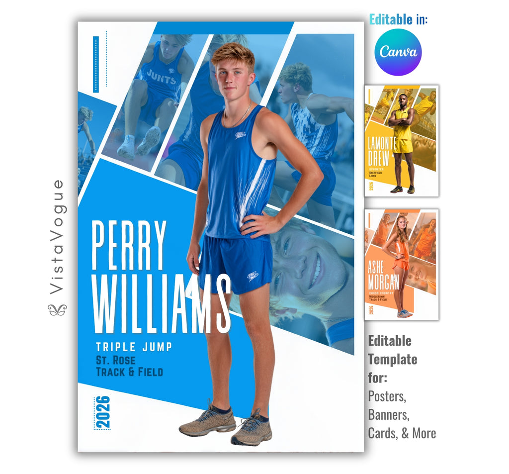 Track senior night poster and player banner template editable in Canva with diagonal geometric panel layout featuring multiple action photos layered behind the full-body athlete