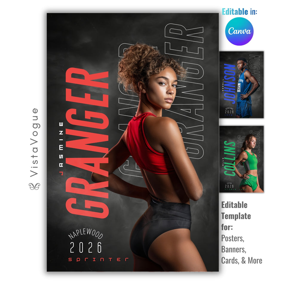 Track and field senior night poster and player banner template editable in Canva with smoky charcoal backdrop and bold repeating surname typography layered behind the athlete