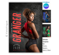 Track and field senior night poster and player banner template editable in Canva with smoky charcoal backdrop and bold repeating surname typography layered behind the athlete