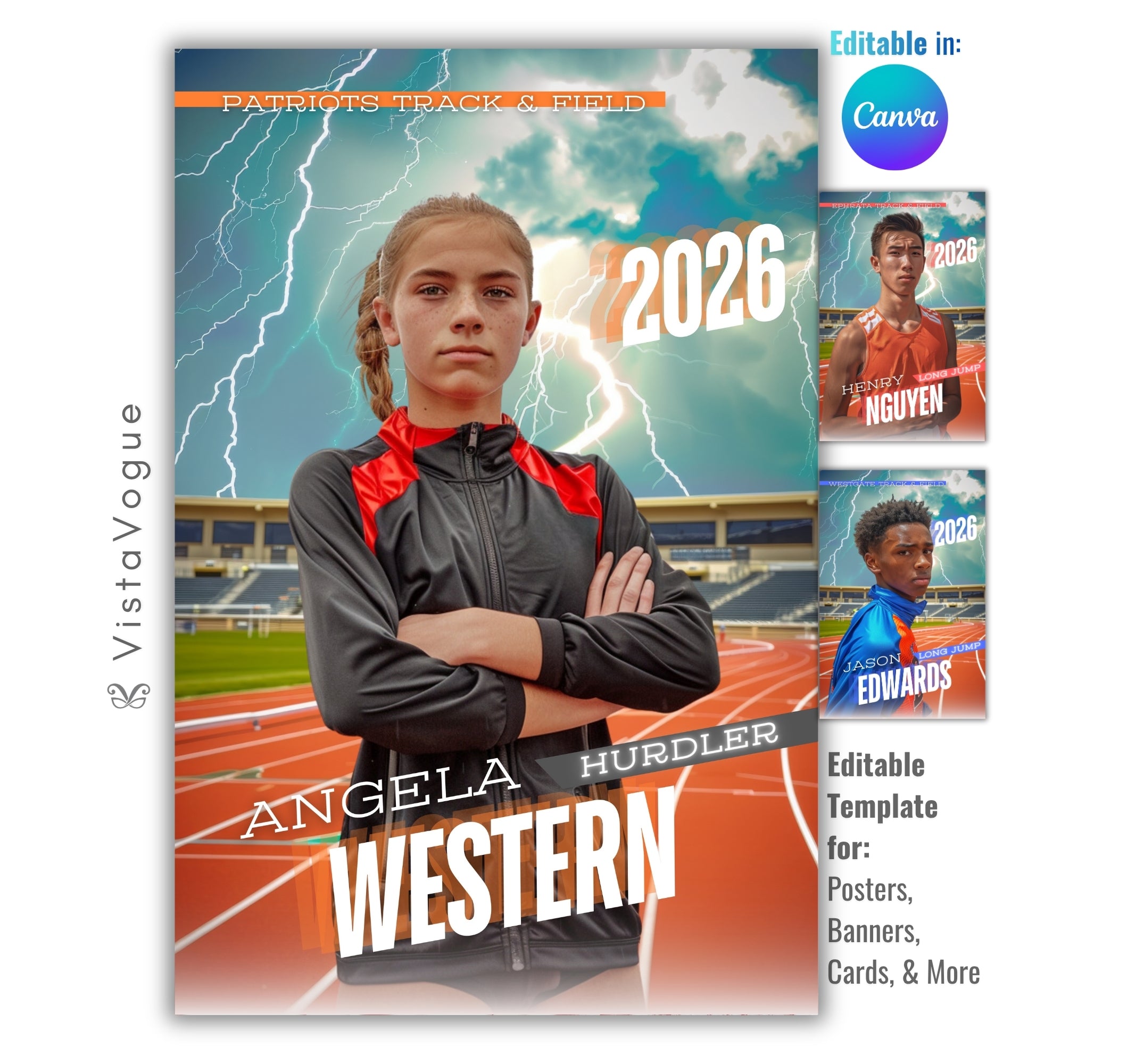 Track and field poster template editable in Canva with stormy lightning sky and stadium track backdrop behind the athlete
