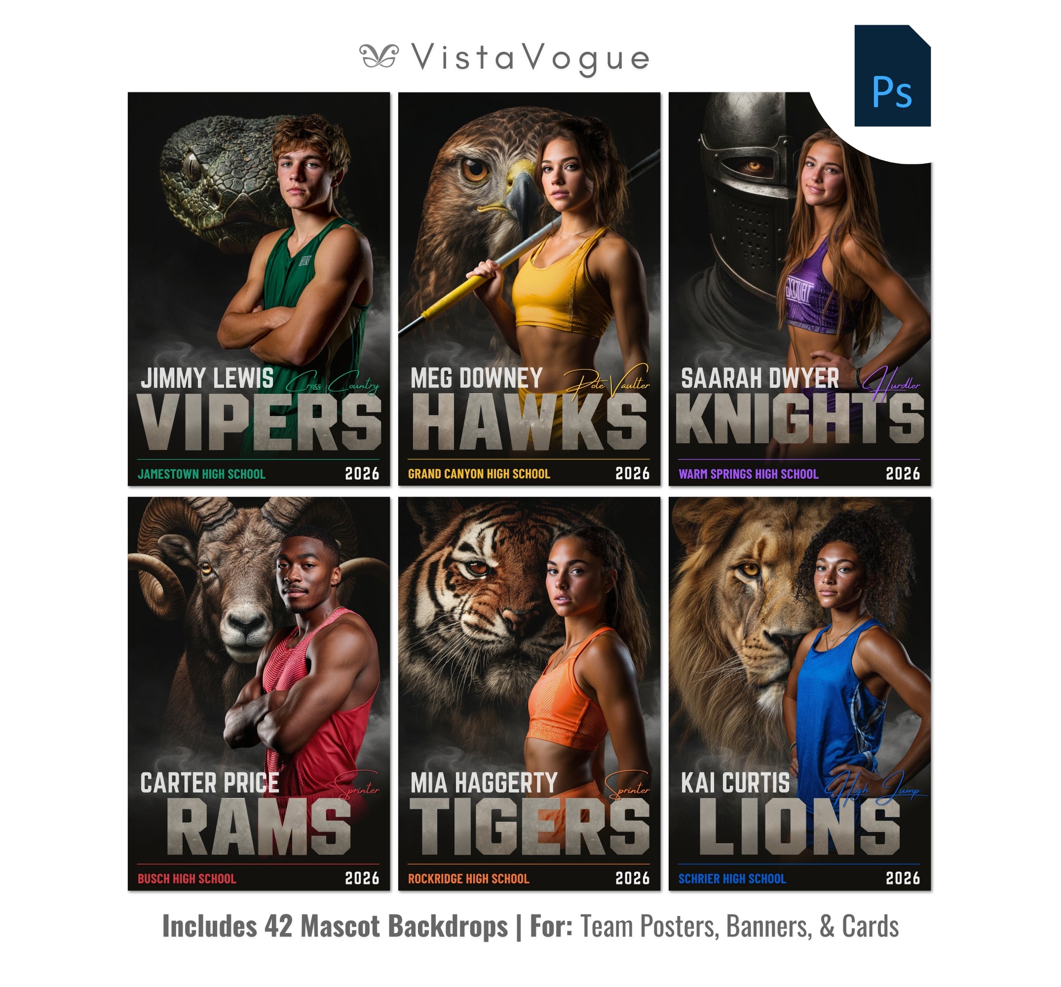 Track and field poster template editable in Photoshop with mascot animal backdrops and smoky sports design