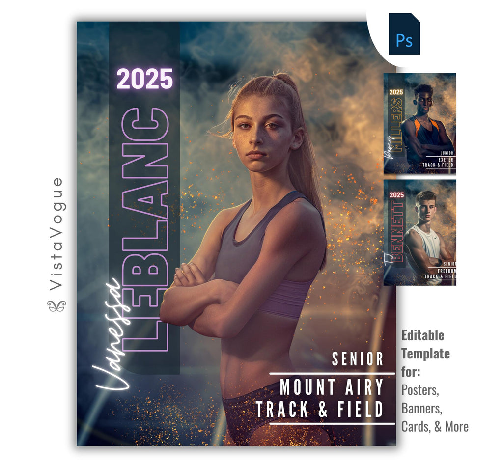 Track and field poster template editable in Photoshop with smoky lighting effects and glowing ember overlays