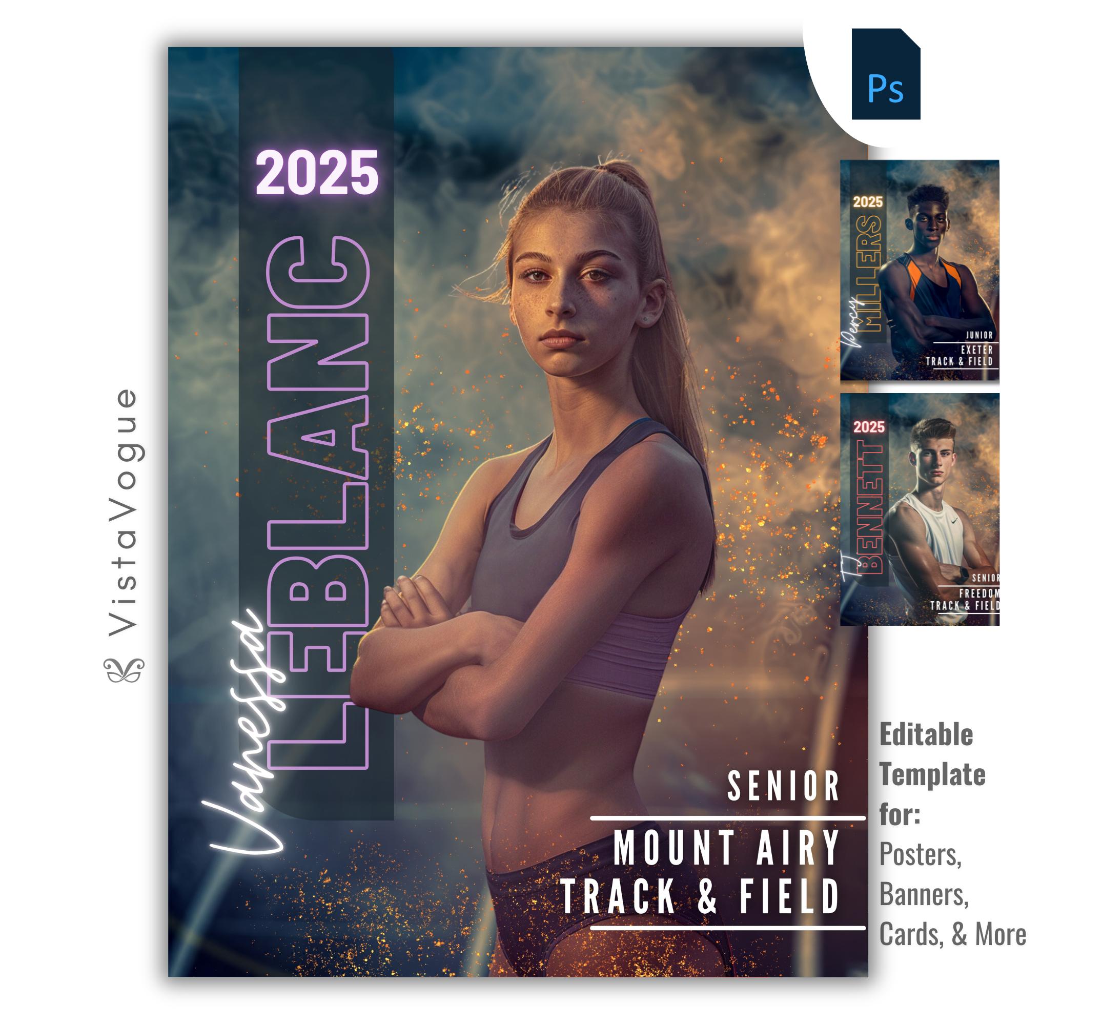 Track and field poster template editable in Photoshop with smoky lighting effects and glowing ember overlays