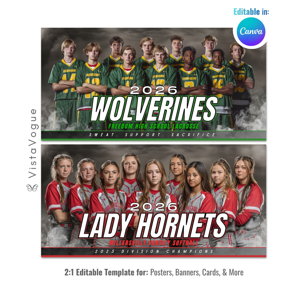 All-sports team banner template editable in Canva with smoky dark backdrop behind a full team lineup and bold oversized team name typography with motivational tagline