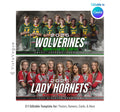 All-sports team banner template editable in Canva with smoky dark backdrop behind a full team lineup and bold oversized team name typography with motivational tagline