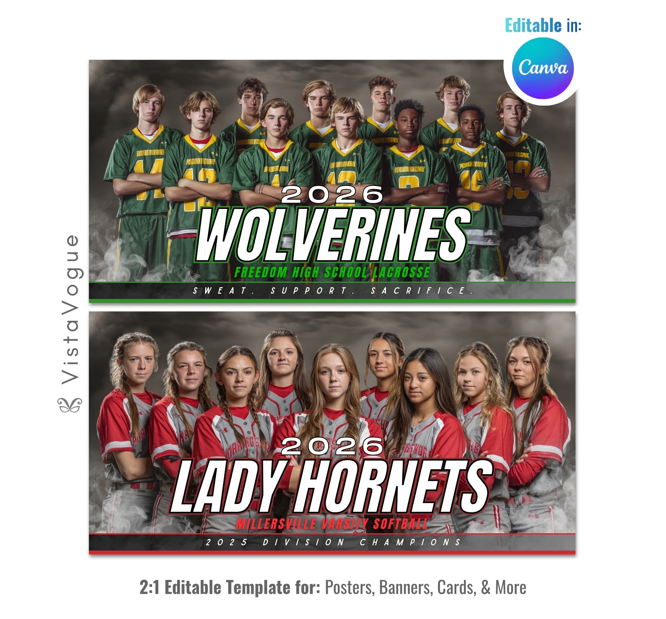 All-sports team banner template editable in Canva with smoky dark backdrop behind a full team lineup and bold oversized team name typography with motivational tagline
