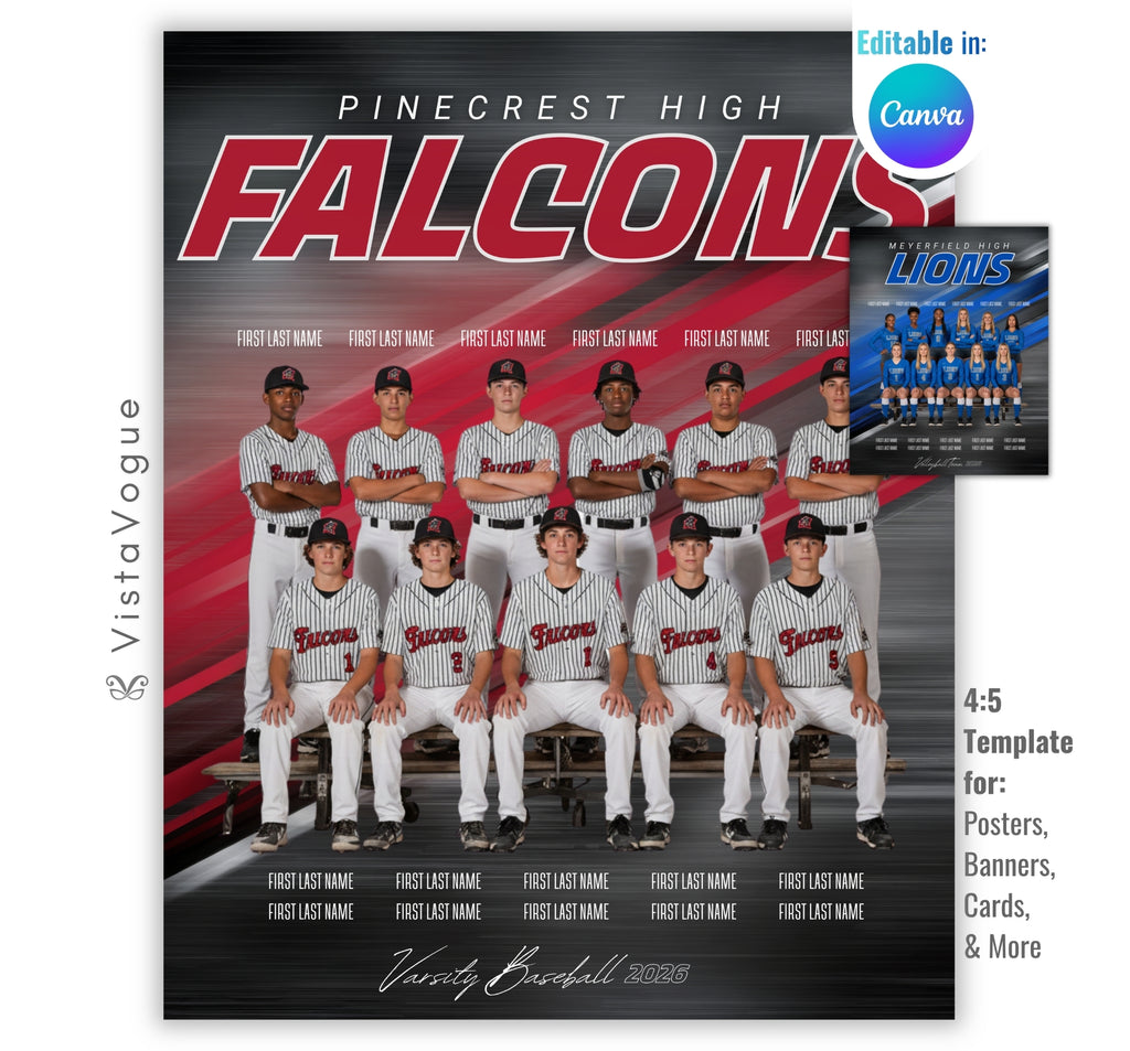 Universal team banner and team poster template editable in Canva with diagonal speed lines backdrop behind a full group team photo and player name roster below