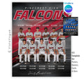 Universal team banner and team poster template editable in Canva with diagonal speed lines backdrop behind a full group team photo and player name roster below