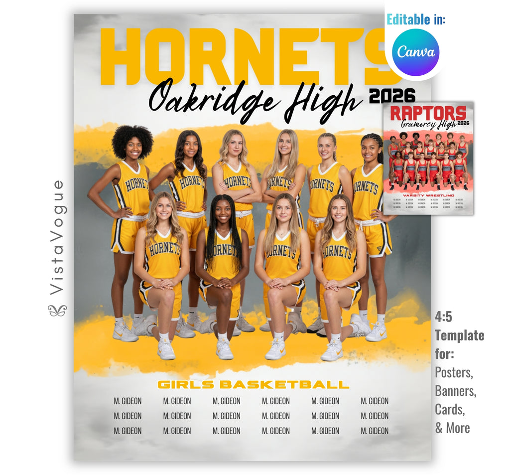 Multi-sports team banner and team poster template editable in Canva with bold paint brush stroke backdrop behind a full group team photo and player name roster below