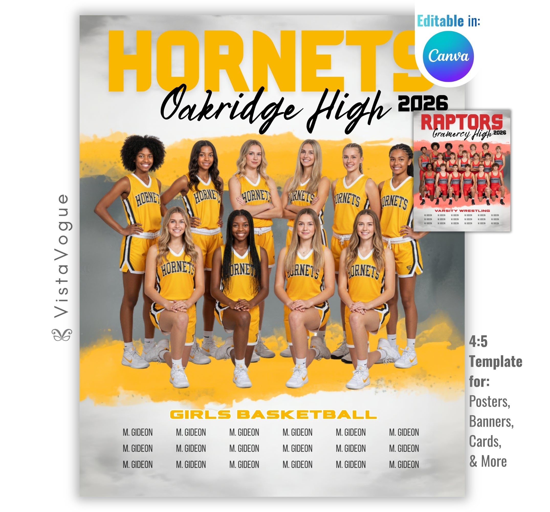 Multi-sports team banner and team poster template editable in Canva with bold paint brush stroke backdrop behind a full group team photo and player name roster below