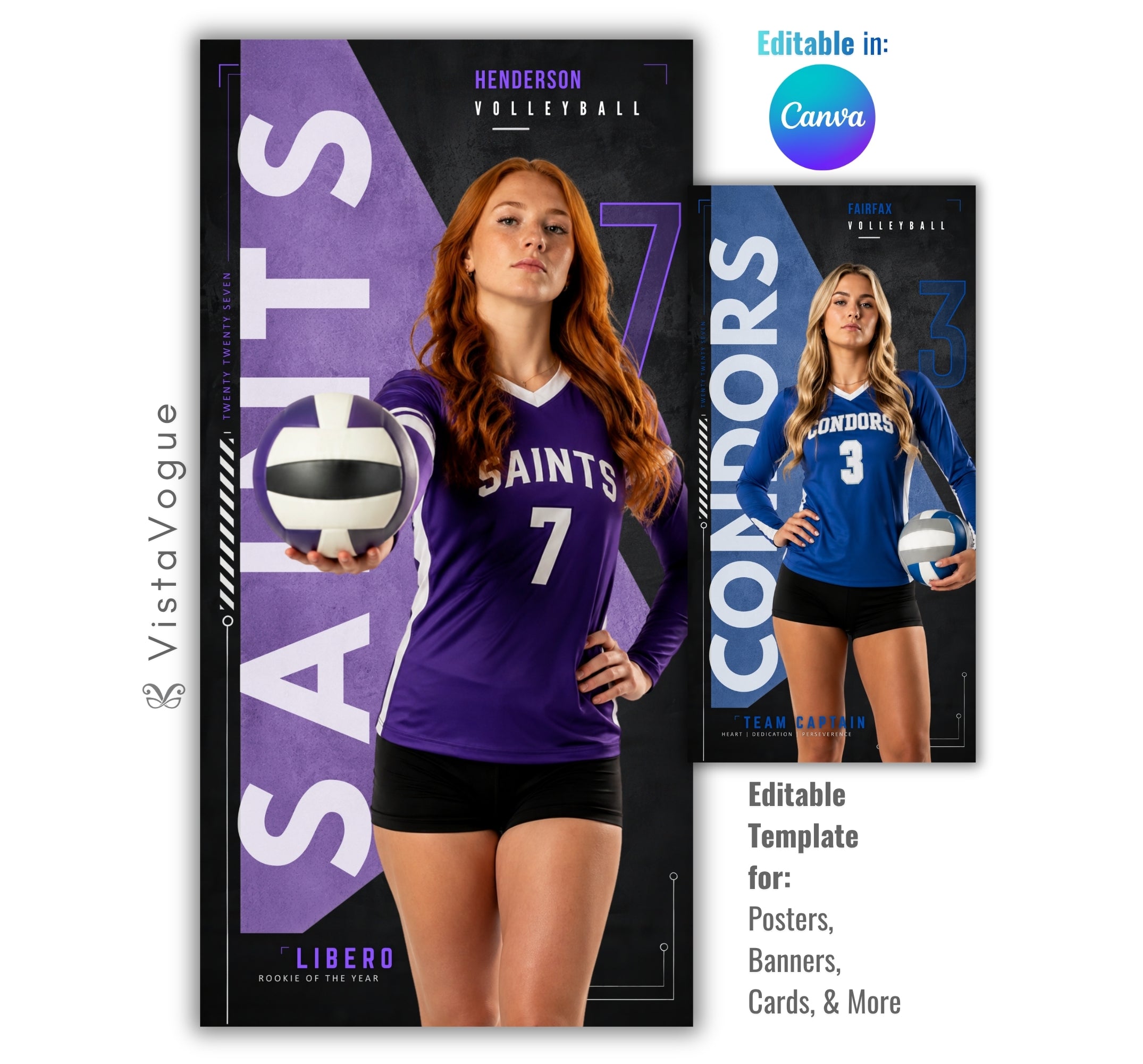 Editable volleyball banner template with geometric sports poster design shown in Canva mockup