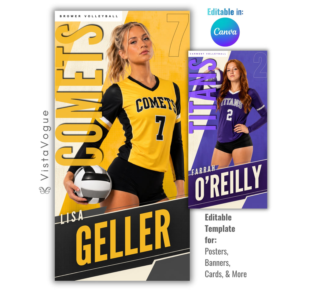 Editable volleyball banner template with modern sports poster design shown in Canva mockup