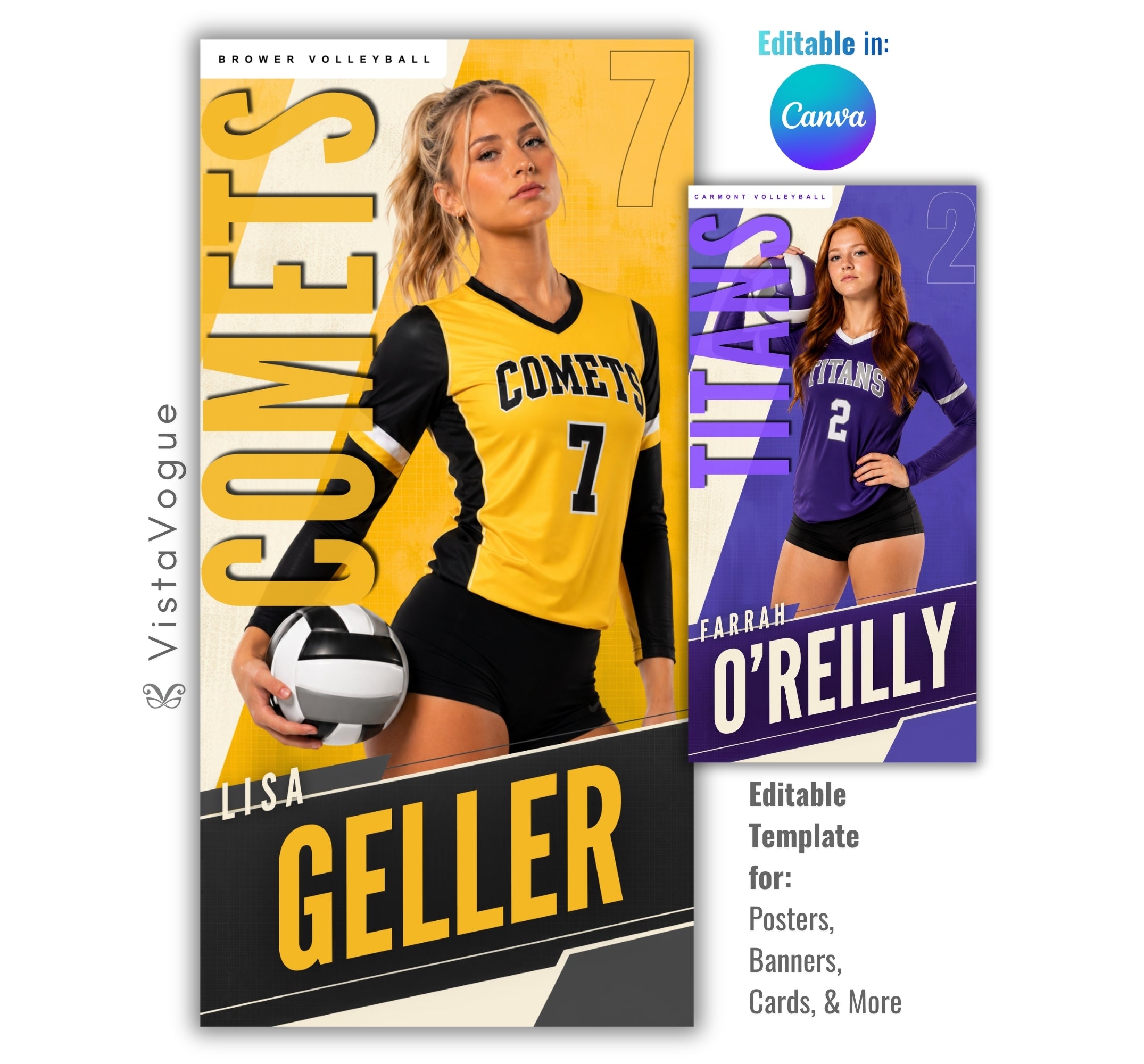 Editable volleyball banner template with modern sports poster design shown in Canva mockup