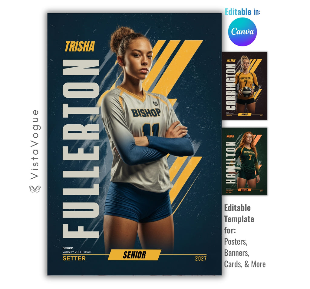 Volleyball senior banner template editable in Canva with modern geometric graphics, bold typography, and customizable athlete poster layout for senior night sports designs