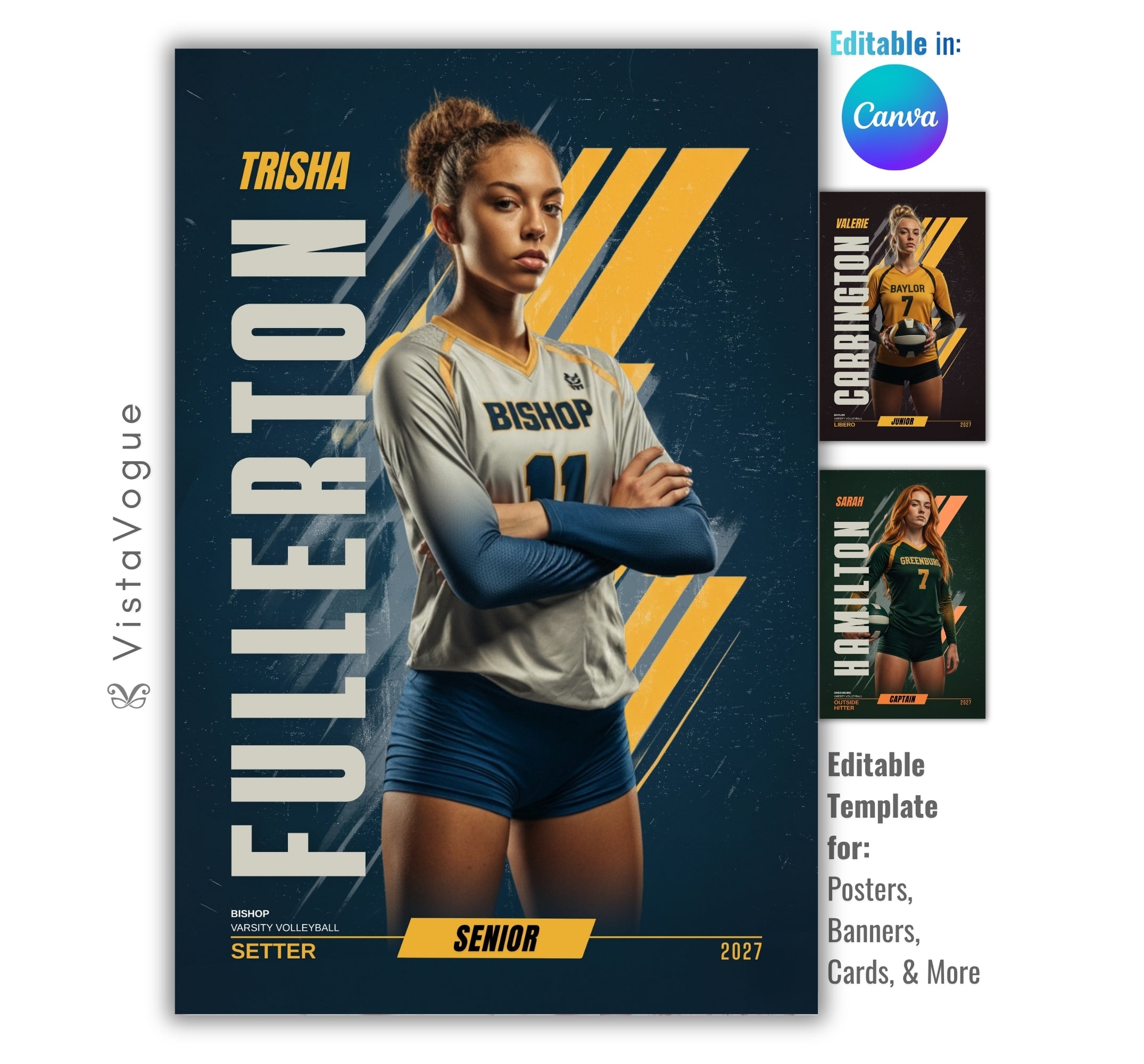 Volleyball senior banner template editable in Canva with modern geometric graphics, bold typography, and customizable athlete poster layout for senior night sports designs
