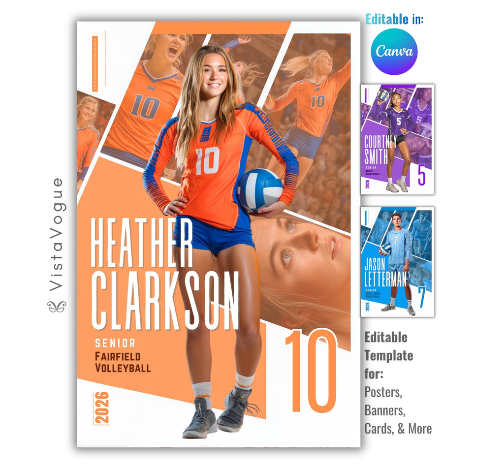 Volleyball senior night poster and player banner template editable in Canva with diagonal geometric panel layout featuring multiple action photos layered behind the full-body athlete