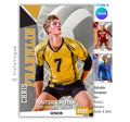Volleyball poster template editable in Canva with oversized volleyball backdrop and bold vertical surname typography alongside the athlete