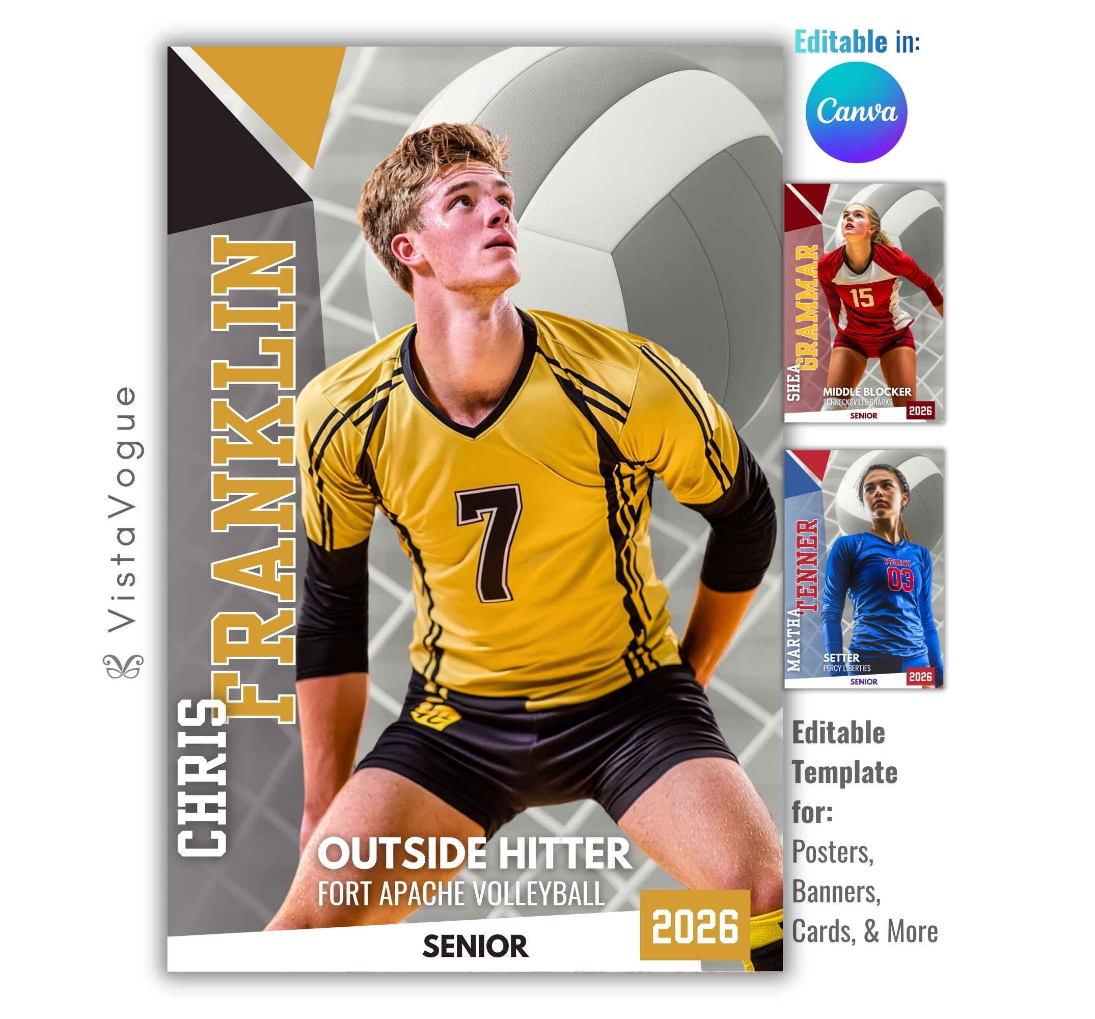 Volleyball poster template editable in Canva with oversized volleyball backdrop and bold vertical surname typography alongside the athlete