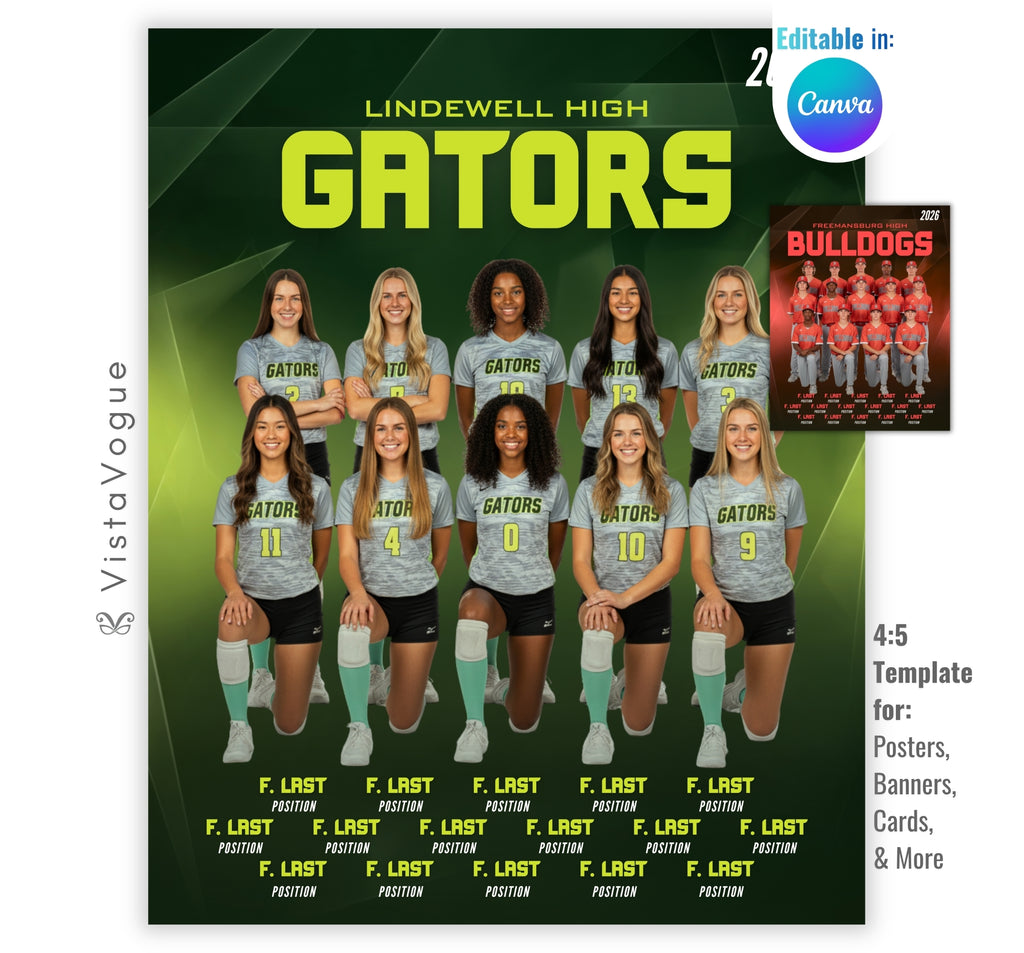 Volleyball team poster template editable in Canva with bold geometric green backdrop and full group team photo with player name roster below