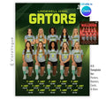 Volleyball team poster template editable in Canva with bold geometric green backdrop and full group team photo with player name roster below