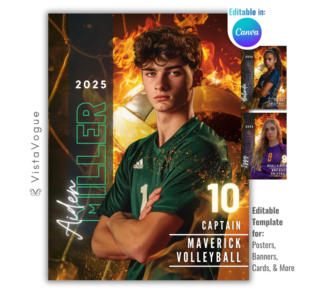 Volleyball senior night poster and player banner template editable in Canva with vertical surname typography and dramatic fire flames and gold sparks backdrop behind the arms-crossed athlete portrait