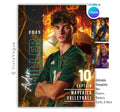 Volleyball senior night poster and player banner template editable in Canva with vertical surname typography and dramatic fire flames and gold sparks backdrop behind the arms-crossed athlete portrait