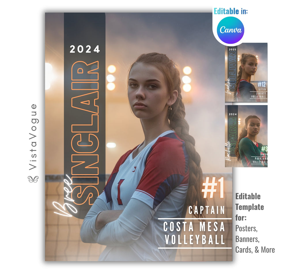 Volleyball senior night poster and player banner template editable in Canva with vertical surname typography alongside a close-up portrait and glowing arena lights backdrop