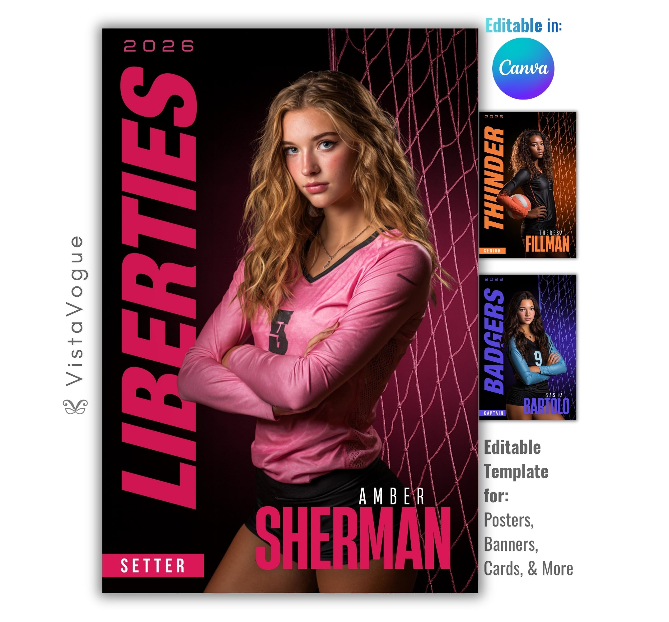 Volleyball senior night poster and player banner template editable in Canva with vertical team name typography and close-up volleyball net texture backdrop behind the arms-crossed athlete portrait