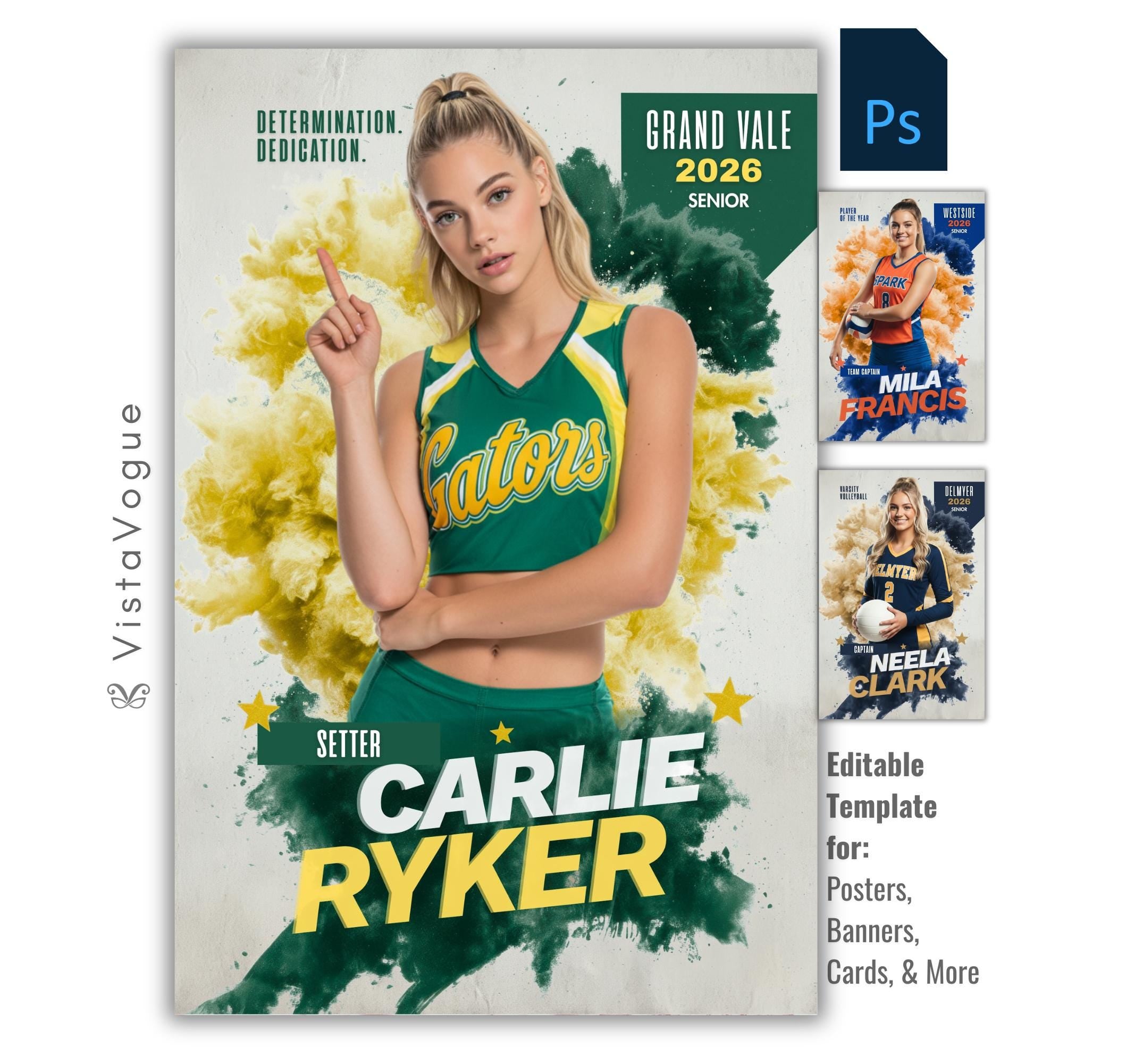 Volleyball senior night poster and spirit poster template editable in Photoshop with bold dual color smoke burst explosion and grunge texture backdrop behind the full-body athlete