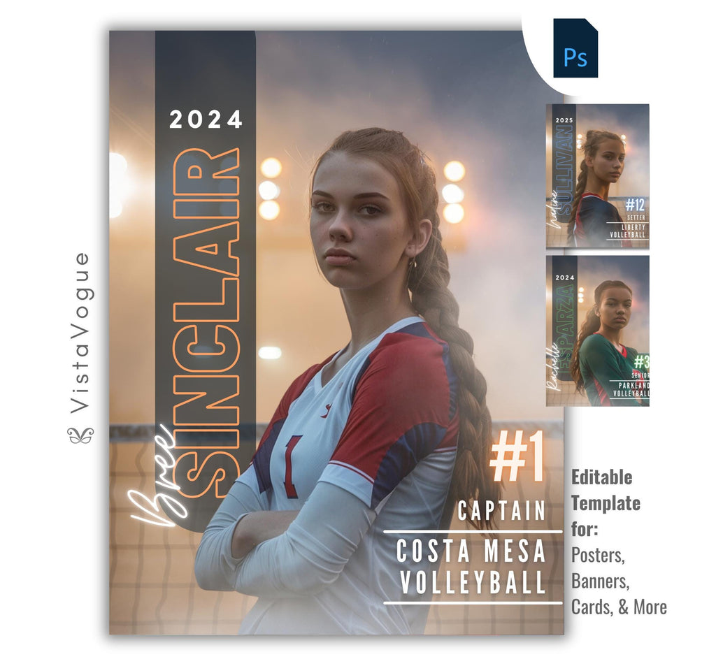 Volleyball trading card and poster template editable in Photoshop with glowing arena lights backdrop and bold vertical surname typography alongside the athlete