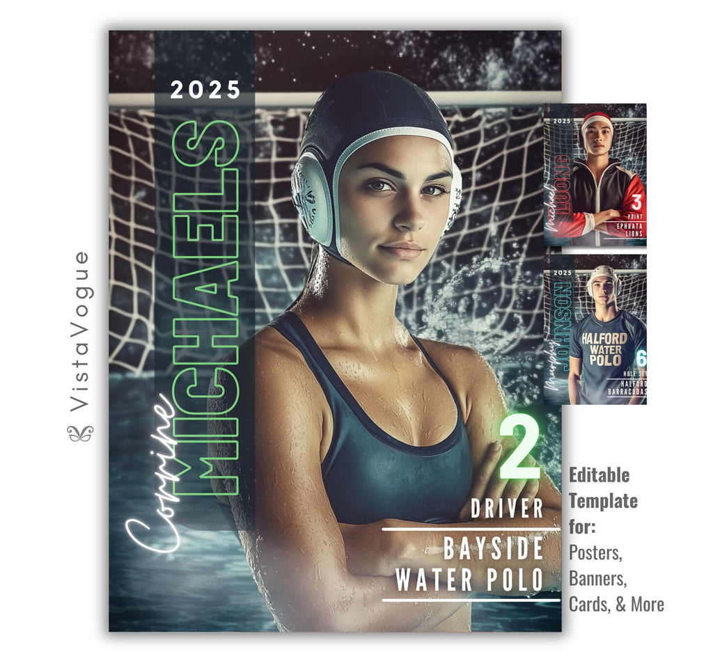 Water polo senior night poster and player banner template editable in Canva with vertical surname typography and pool goal net backdrop behind the close-up athlete portrait