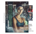 Water polo senior night poster and player banner template editable in Canva with vertical surname typography and pool goal net backdrop behind the close-up athlete portrait
