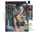 Water polo trading card and poster template editable in Photoshop with pool goal net backdrop and bold vertical surname typography alongside the athlete