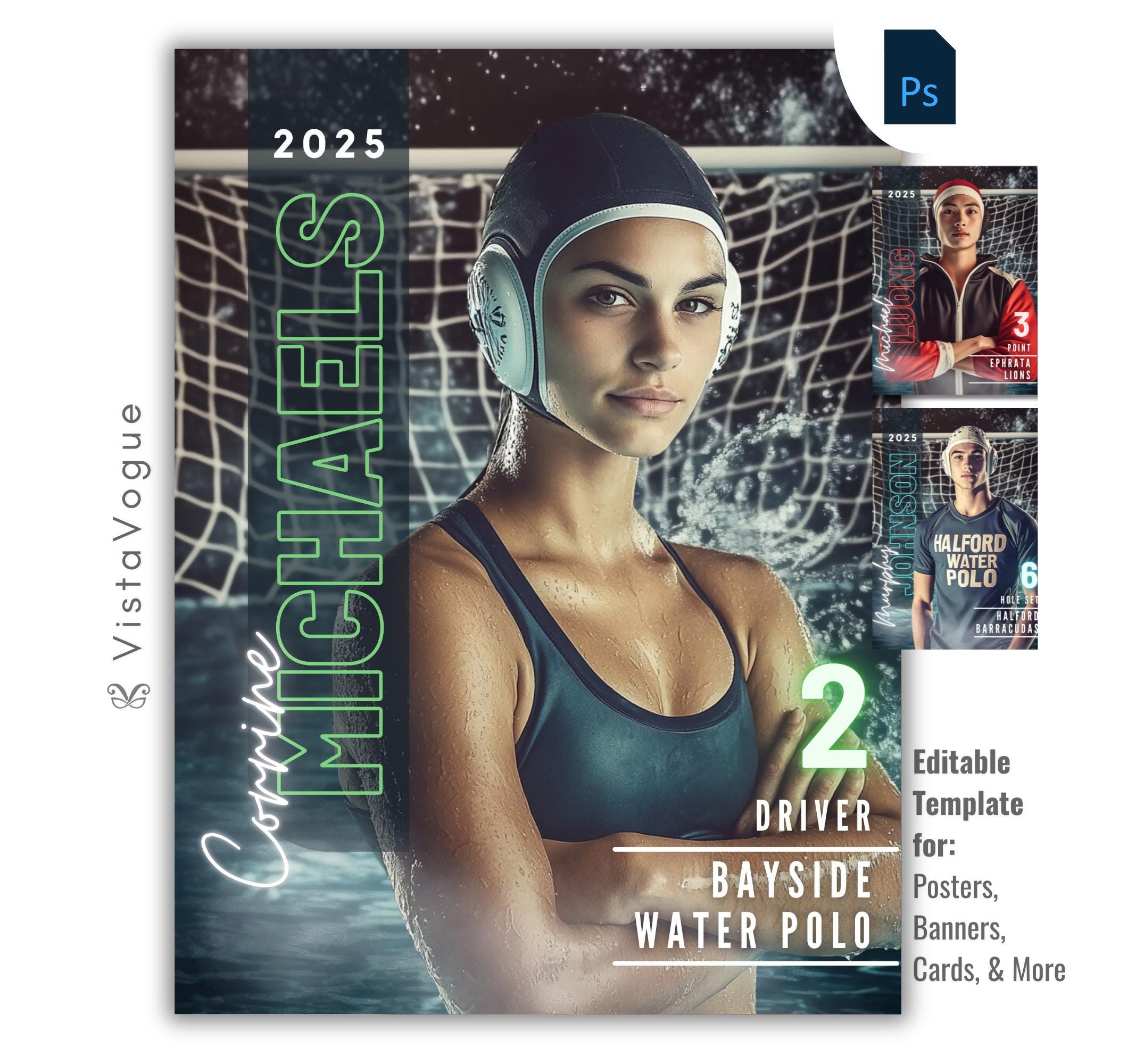 Water polo trading card and poster template editable in Photoshop with pool goal net backdrop and bold vertical surname typography alongside the athlete