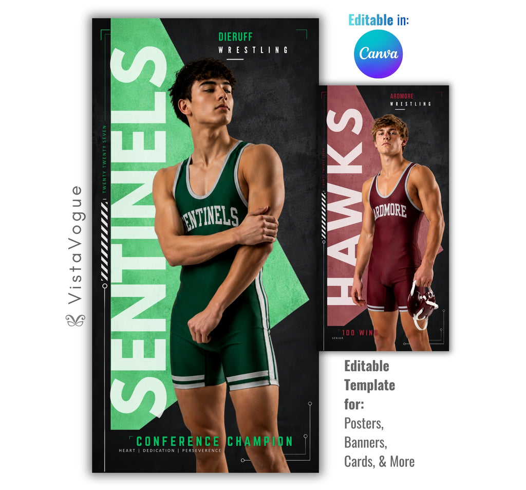 Editable wrestling banner template with geometric modern sports poster design shown in Canva mockup