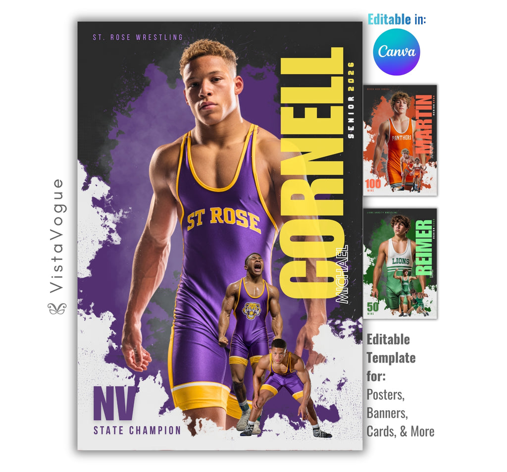 Wrestling poster template editable in Canva with grunge texture background and layered athlete collage design